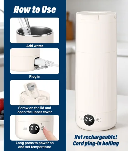 Vista 7 de Hervidor eléctrico portátil para viajes, hervidor de acero inoxidable 316, caldera de agua caliente con tapa y taza 2 en 1, hervidor de té de viaje