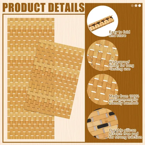 Vista 5 de Barydat Juego de 2 tapetes de baño de bambú para bañera larga y grande, antideslizante, tapete de ducha de bambú, tapete de madera impermeable