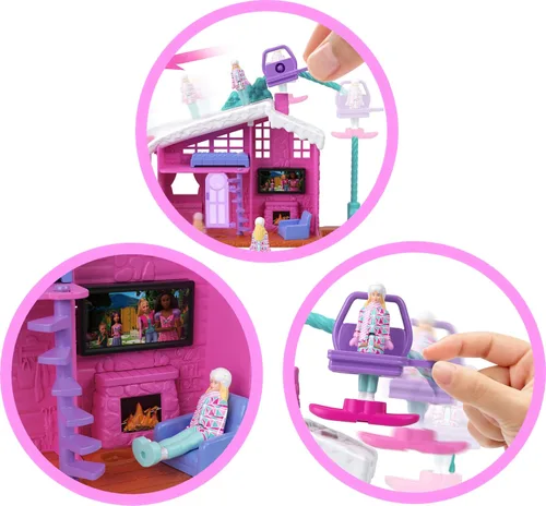 Vista 3 de Sets de casas de muñecas Barbie Mini Land, mini casa de los sueños con muñeca sorpresa de 3.8 cm, muebles y accesorios, además con ascensor