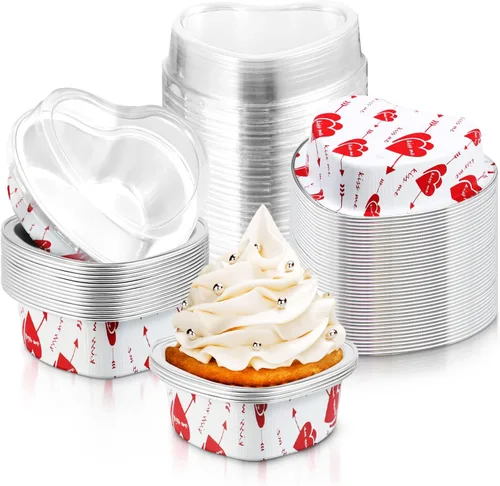 Vista 7 de Cunhill 60 juegos de moldes para pasteles en forma de corazón con tapas, 3.4 onzas líquidas, papel de aluminio, mini moldes desechables para blanco