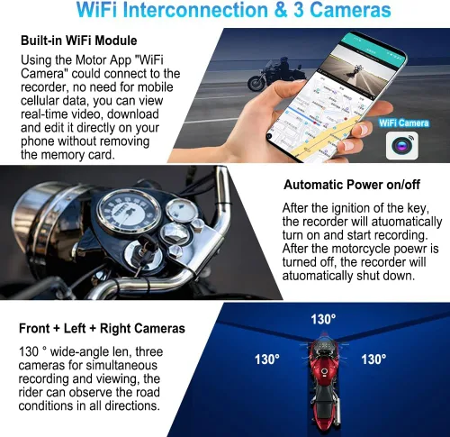 Vista 11 de VSYSTO Cámara WiFi para salpicadero de motocicleta, monitoreo de estacionamiento, GPS de 4 pulgadas, cámara de visión trasera de motocicleta