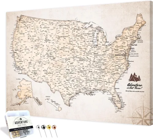Vista 39 de IPIC - Lienzo con mapas de EE. UU. para decoración de pared, mapa con pin de empuje para marcar viajes, mapa de viaje impreso de EE. UU.