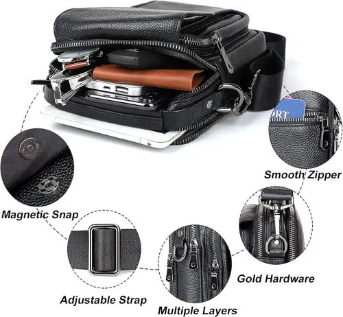 Vista 4 de Augus Bolso de mensajero pequeño de cuero para hombre bolso cruzado de hombro bolso de viaje para hombre bolso de día hebilla magnética