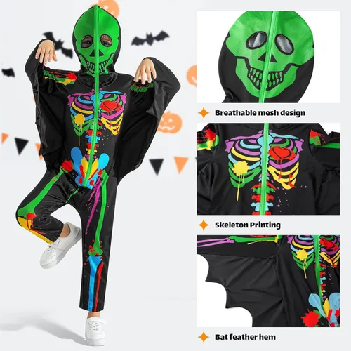 Vista 2 de SYNPOS Disfraz de esqueleto de Halloween para niños pequeños, disfraz de huesos de calavera aterradora, traje llamativo en la oscuridad para niños