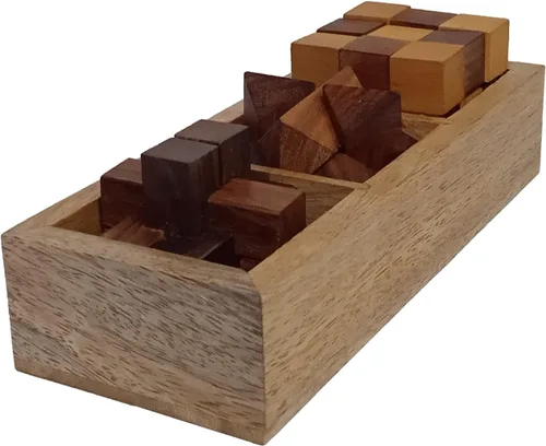Vista 3 de Purpledip Juego de rompecabezas de madera: 3 desafíos mentales cerebrales con caja de almacenamiento (12629)