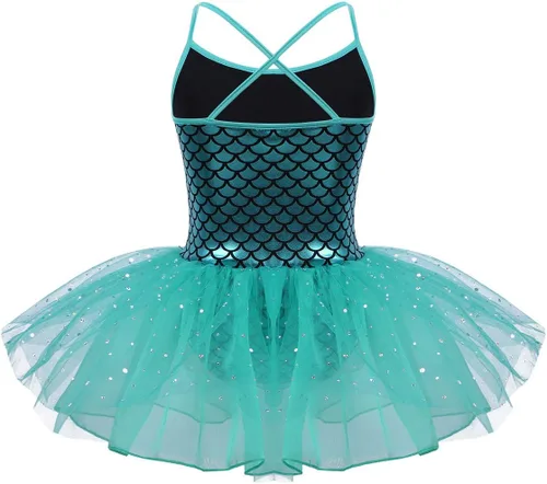 Vista 2 de Disfraz de sirena brillante para niñas, escamas de pez, espalda cruzada, leotardo tutú, ropa de baile, vestido de princesa