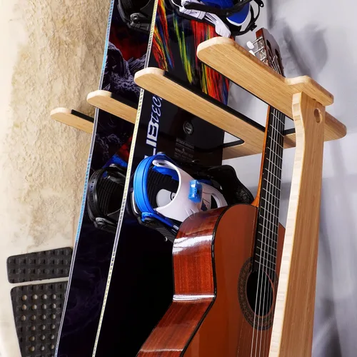 Vista 7 de Grassracks Estante vertical independiente para tablas de surf de alta calidad, soporte de bambú magistralmente hecho para 4 tablas de surf