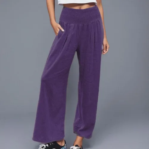 Vista 2 de SHAOBGE Pantalones palazzo de verano para mujer, cintura alta, pierna ancha, casual, cintura elástica, pantalones de playa con bolsillos