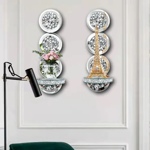 Vista 3 de ZOLAPI Juego de 2 candelabros de cristal con diamantes triturados, espléndido candelabro de pared con espejo plateado redondo, candelabros de vela