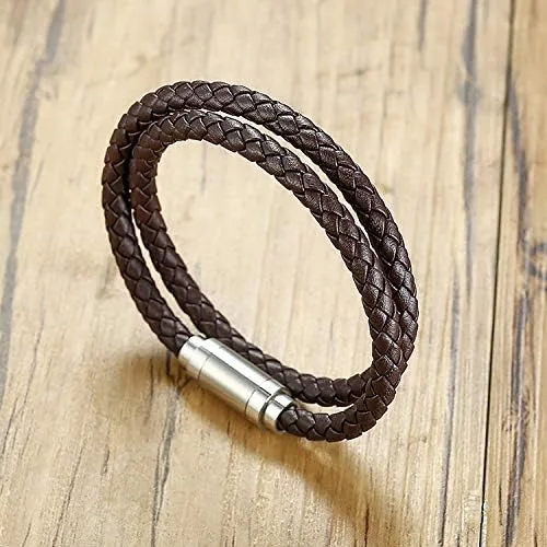 Vista 6 de Pulsera de cuero trenzada con cierre magnético de acero inoxidable para hombre, pulsera de cuero auténtico con cierre magnético