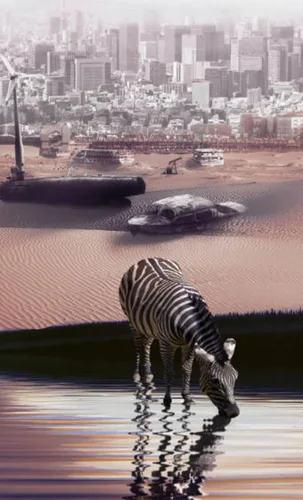 Vista 4 de Lucid Eye Póster de oasis, obra de arte de ciudad del desierto, impresión de paisaje futurista, póster de ovni de cebra, póster de arte de fantasía