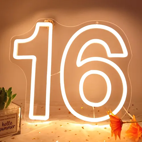 Vista 3 de Planzo 16 Dieciséis LED Neon Sign Light 16th Birthday Party Gift Decoración de pared Backdrop Bedroom Living Room Neon Light Sign Decor, Happy