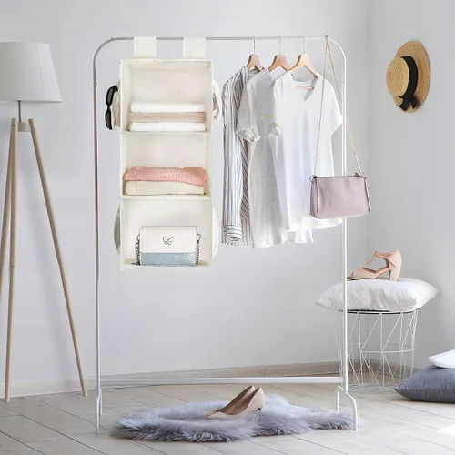 Vista 5 de MAX Houser Organizador de armario colgante de 3 estantes con 2 velcros, beige Organizador de suéter colgante, estantes colgantes plegables