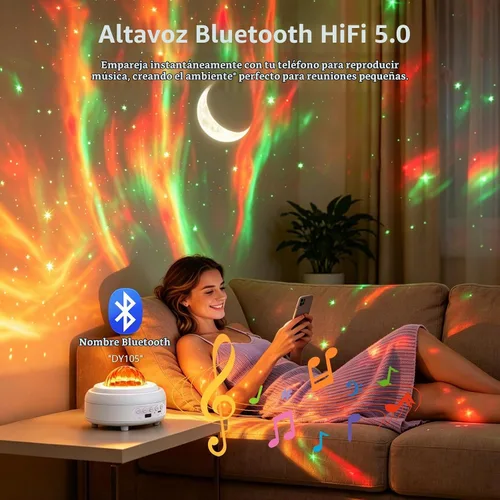 Vista 3 de HUMIIEYE Proyector de Galaxia con Altavoz Bluetooth, Luz Nocturna Proyector de Estrellas para Dormitorio, 8 Modos Proyector Aurora de Luces