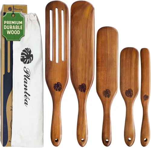 Vista 8 de Juego de 2 espátulas de madera para cocinar, 12 pulgadas, espátula plana de madera de acacia y aleta para hierro fundido, huevos, panqueques