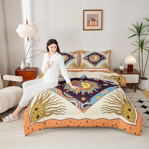 Vista 23 de Juego de edredón de champiñones para niños, tamaño individual, juego de ropa de cama romántica con sol, luna, cielo estrellado y galaxia, decoración