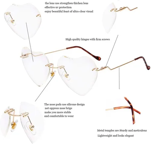 Vista 4 de Dollger Lentes de sol con forma de corazón para mujer sin montura de metal delgado con forma de corazón UV400 transparentes