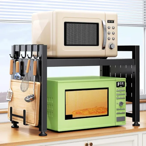 Vista 10 de Estante para horno de microondas expandible, estante de horno de microondas resistente de 3 niveles ajustable con 8 ganchos y 2 soportes, estante