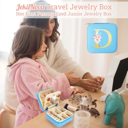 Vista 6 de Joyero de viaje con monograma, organizador de joyero azul pequeño con espejo, artículos esenciales para vacaciones, regalos de cumpleaños