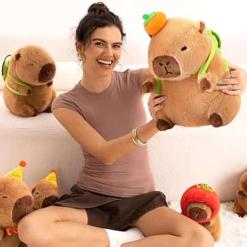 Vista 3 de Ditucu Bonita almohada de felpa Capybara naranja con mochila de tortuga, animales de peluche, juguetes de peluche Capibara, regalos para niños