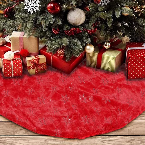 Vista 8 de Falda de Árbol de Navidad - Falda de árbol de 48 pulgadas grande roja con falda de árbol de piel sintética suave de alta gama para decoraciones