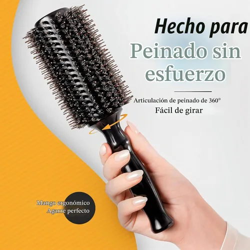 Vista 8 de Belula Cepillo redondo de cerdas de jabalí para secar con secado. Cepillo redondo para el pelo con barril de madera pequeño de 2 pulgadas. Cepillo