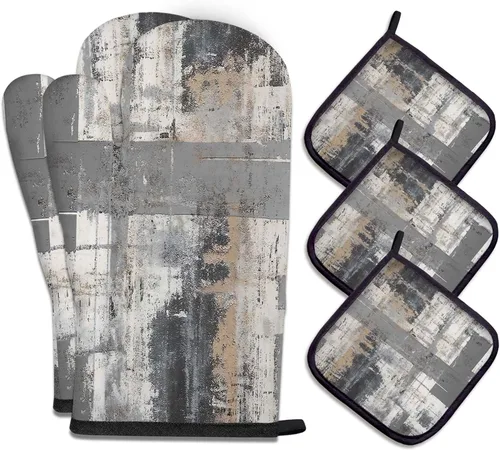 Vista 32 de MCALK Juego de 5 manoplas de horno y soportes para ollas, guantes abstractos para horno y almohadillas calientes para cocina de cocina, manoplas