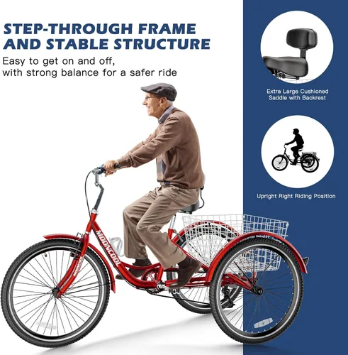 Vista 4 de Triciclos para adultos de 7 velocidades, bicicletas de 3 ruedas de 24/26 pulgadas, bicicletas de tres ruedas de crucero con canasta grande