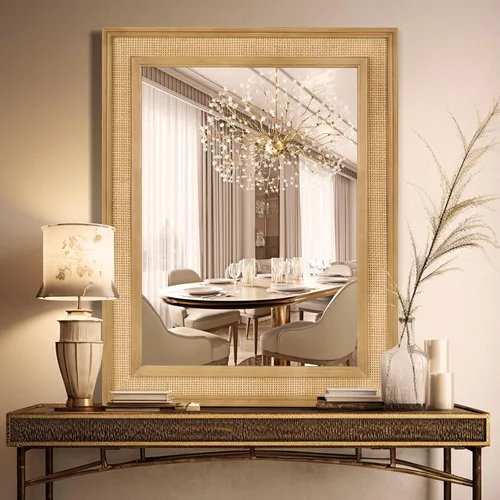 Vista 2 de WallBeyond Espejo de Pared de Ratán Rectangular, Espejo de Ratán de 32 X 44 Pulgadas con Marco de Madera para Decoración de Pared, Baño, Sala