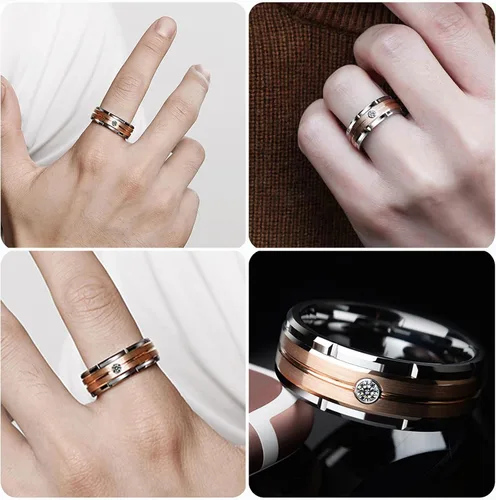 Vista 7 de Newshe Jewellery Juego de anillos de boda para él y ella, AAAAA, circonita cúbica, bandas de tungsteno para hombre y mujer, plata de ley 925, oro