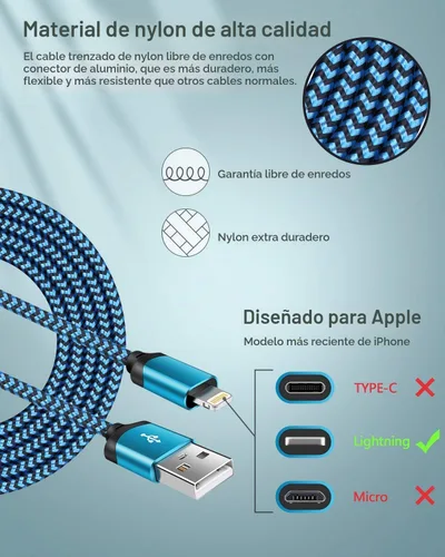 Vista 4 de AILKIN Cargadores de iPhone Apple MFI certificado 6 pies largo trenzado Azul