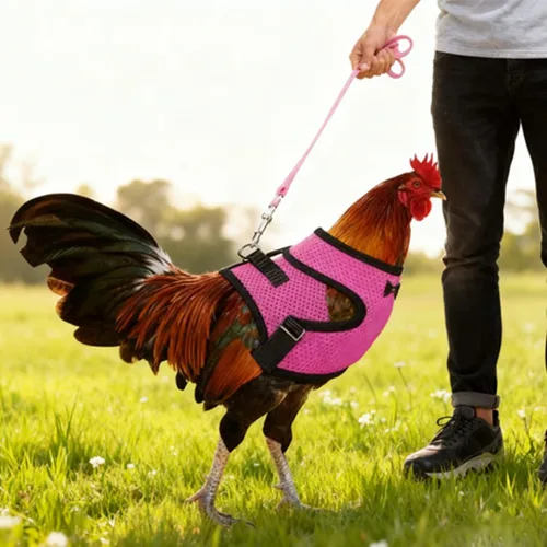 Vista 3 de Juego de arnés y correa para pollo, malla ajustable, transpirable, arnés de entrenamiento de pato, correas para mascotas, correas para ganso Negro