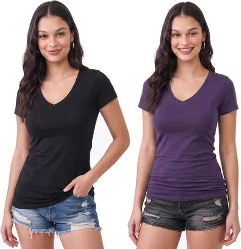Vista 22 de Emmalise Camiseta de manga corta para mujer, cuello en V, tallas junior y plus