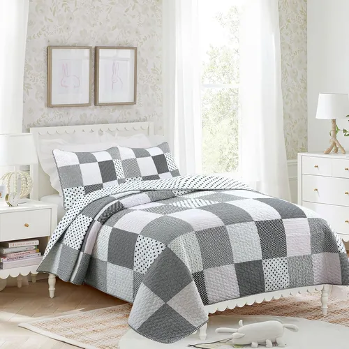 Vista 16 de Cozy Line Home Fashions - Juego de ropa de cama reversible de lunares y rayas en negro, blanco y rosa, con estrellas, de 100% algodón, colcha