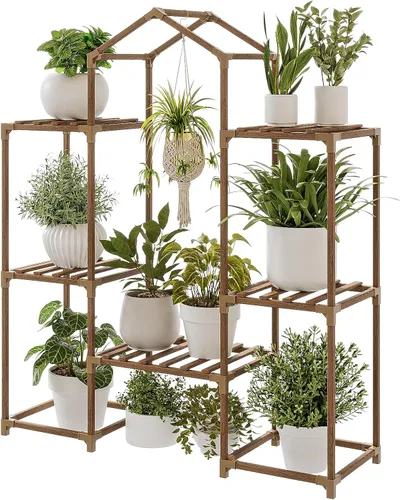 Vista 18 de Bamworld - Soporte esquinero para plantas de interior y exterior, mesa pequeña para varias plantas, estante de madera para jardín, patio, césped