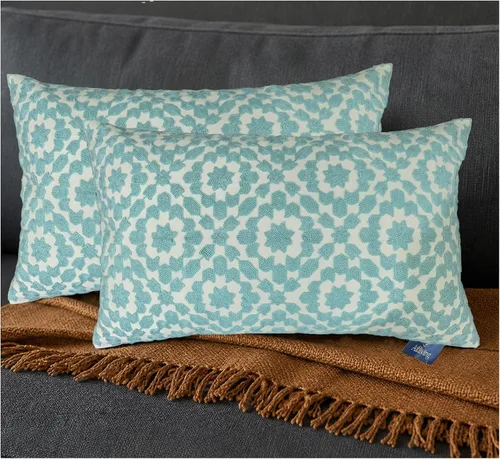 Vista 14 de Funda de almohada de algodón, diseño de bolero. Funda decorativa con diseño geométrico. En lona de algodón. Bordado, con costuras en cadena. 1pc