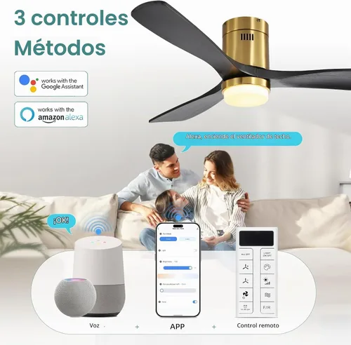 Vista 2 de Sofucor Ventiladores de techo inteligentes de 52 pulgadas con luces - montaje al ras de perfil bajo, modernos ventiladores de techo de madera maciza