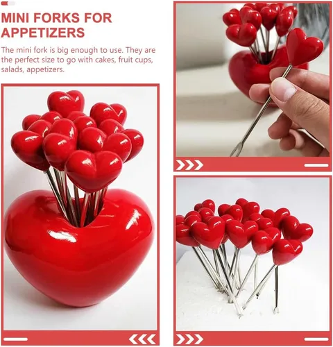 Vista 4 de 1 juego de tenedores de cóctel en forma de corazón tenedores de frutas palo decorativo palillo de alimentos con soporte para fiesta en el hogar