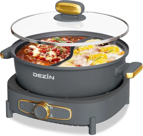 Vista 9 de Dezin Olla eléctrica con divisor, olla Shabu Shabu Shabu de doble sabor de 6 L, olla eléctrica antiadherente extraíble de doble cara, olla china