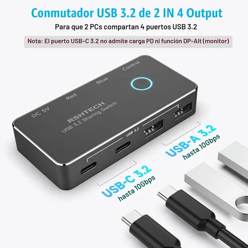 Vista 9 de RSHTECH USB 3.2/USB C Switch 10Gbps 2 ordenadores comparten 4 dispositivos, RSH-A201C Negro