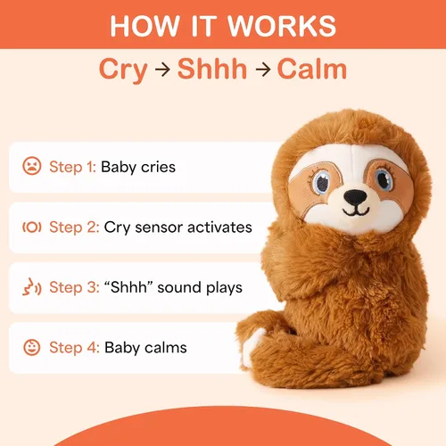 Vista 3 de Baby Shusher Shusher Sloth - Juguete calmante para bebé para dormir, chupete activado por llanto, animal de peluche para bebés y niños, sonidos