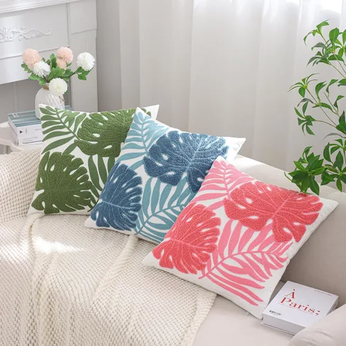 Vista 9 de Fundas de almohada bordadas de 18 x 18 pulgadas, paquete de 2 hojas Hoja tropical azul