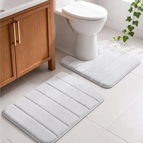 Vista 9 de Juego de 2 alfombras de baño de espuma viscoelástica, súper suaves, absorbentes, de secado rápido, alfombras de baño de espuma viscoelástica