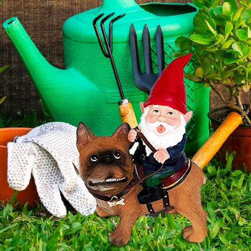 Vista 2 de Funny Guy Mugs Gnomo y una estatua de bulldog francés, escultura de gnomo de jardín para interiores y exteriores, para patio, patio o césped