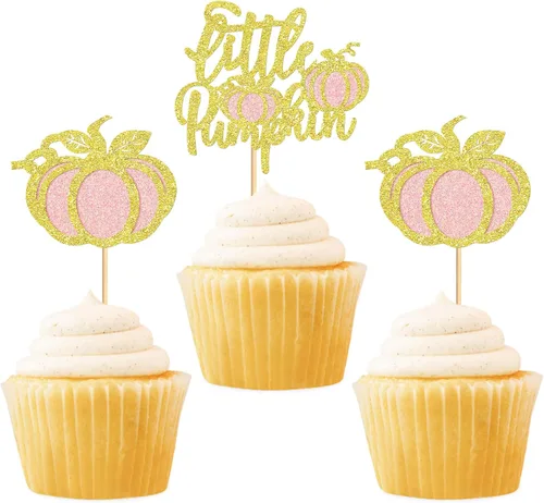 Vista 3 de 24 adornos para cupcakes de calabaza con purpurina, decoraciones de baby shower, tema de cosecha de otoño, suministros para fiestas de cumpleaños