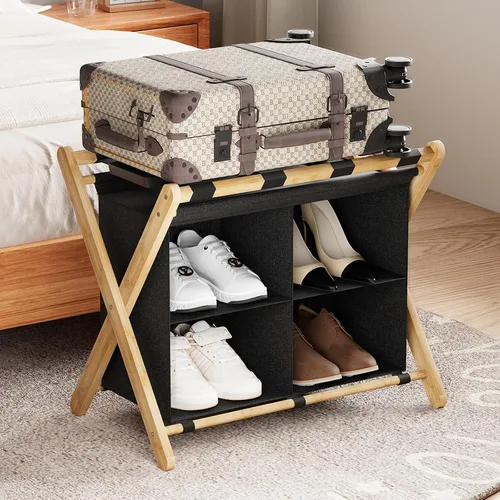 Vista 14 de Huhote Portaequipajes para habitación de invitados, soporte plegable para maleta con estante de almacenamiento de tela, soporte para equipaje