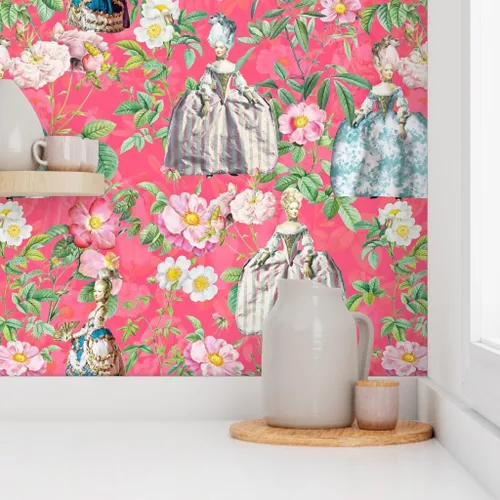 Vista 8 de Papel tapiz para despegar y pegar, flores francesas, rosas, jardín, rosa, estilo vintage, siglo botánico, flores para niñas, papel tapiz extraíble