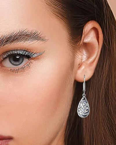 Vista 2 de Aretes colgantes de plata esterlina con forma de gota de piedra natal de filigrana 5A con forma de lágrima