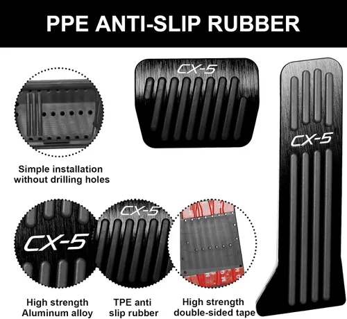 Vista 5 de BOYUER Juego de 3 almohadillas antideslizantes para pedal de acelerador de gas de freno de aluminio sin perforaciones para Mazda CX-5 2013-2025 Negro