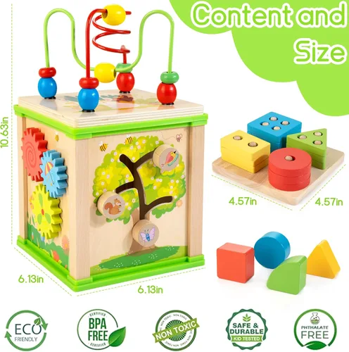Vista 6 de WOODMAM Cubo de actividades 7 en 1 de madera y caja educativa 9 en 1